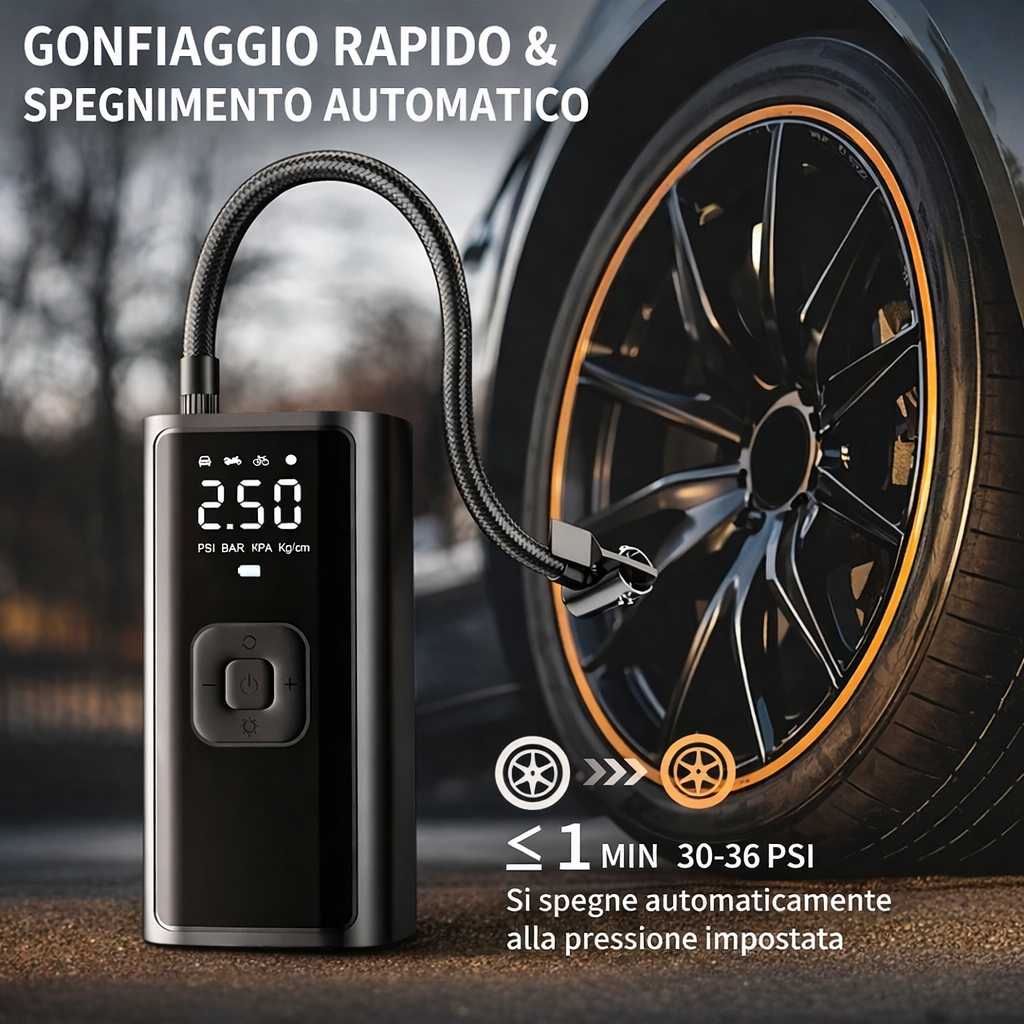 🚗 GonfiaPro™ – Il Compressore Portatile Intelligente che Ti Salva in Ogni Situazione