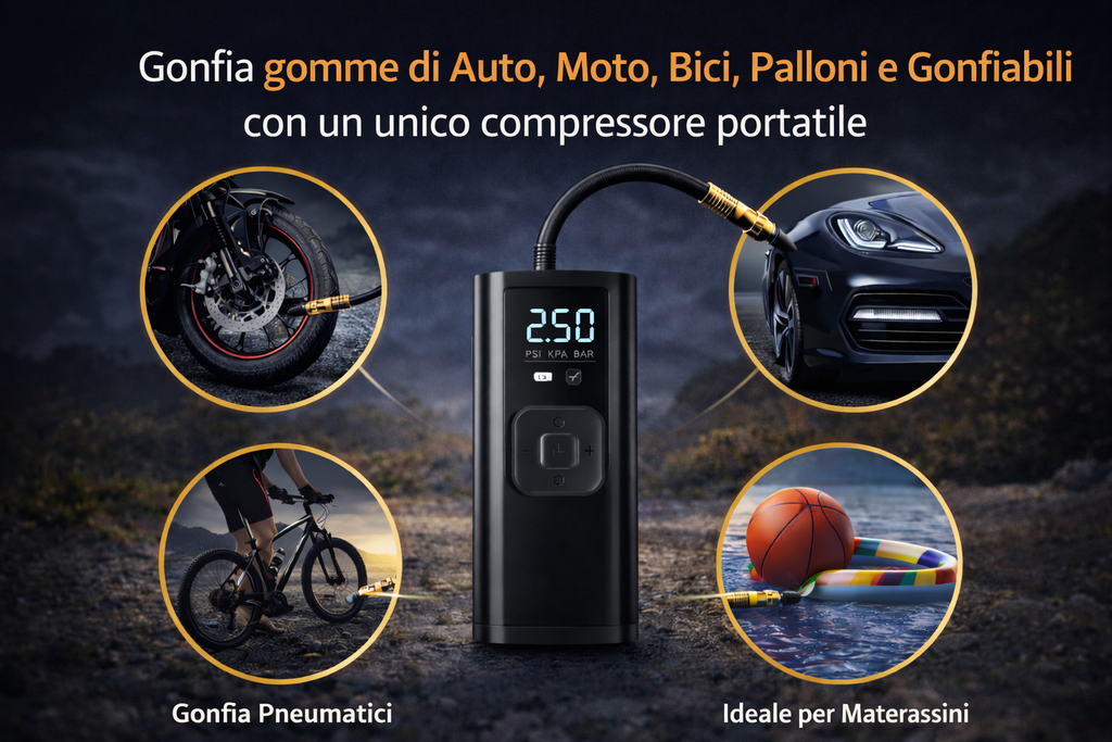 🚗 GonfiaPro™ – Il Compressore Portatile Intelligente che Ti Salva in Ogni Situazione